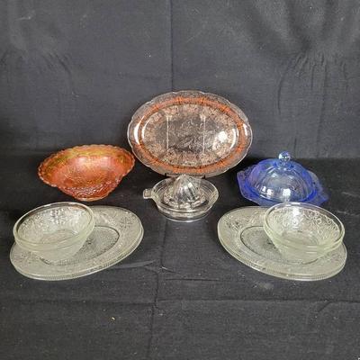 Vintage Glass: Tiara Glass Snack Plates/bowls, Indiana Glass Blue Madrid Butter Dish