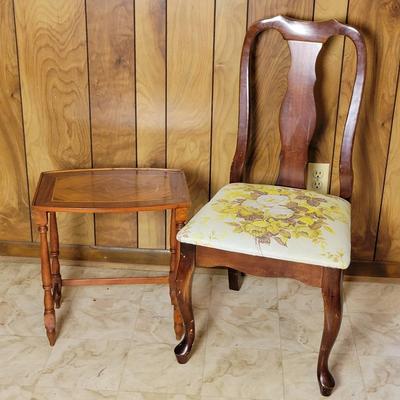 Upholstered Chair & Small Inlaid Table