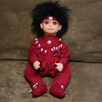 Native American Doll Marked CY 94-Porcelain Head and Hands, Weighted Cloth Body 