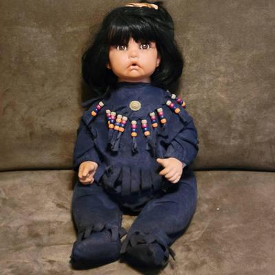 Native American Doll Marked CY 96-Porcelain Head and Hands, Weighted Cloth Body 