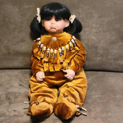 Native American Doll Marked CY 96-Porcelain Head and Hands, Weighted Cloth Body 