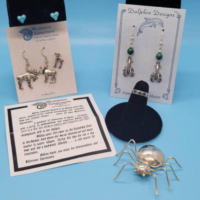 Sterling Jewelry: Handmade Sterling Earrings, Spider Pin, Heart Earrings And Ring