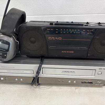 DVD/VHS player, boombox & headphones