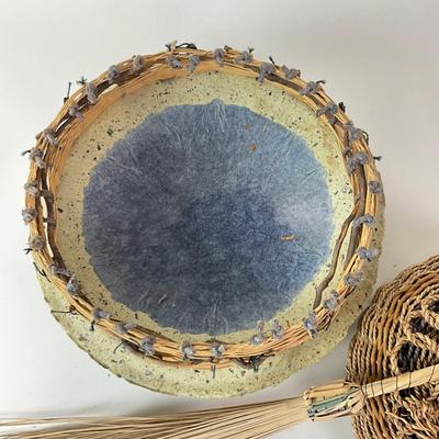 Sale Photo Thumbnail #1542: Measurements:
Largest Basket is 14" in diameter, 4.5" in height "Protected Blue" basket constructed of Handmade paper, Reed, Dyed Hemp Twine, Rhododendron Roots  
Broom is 28" in length