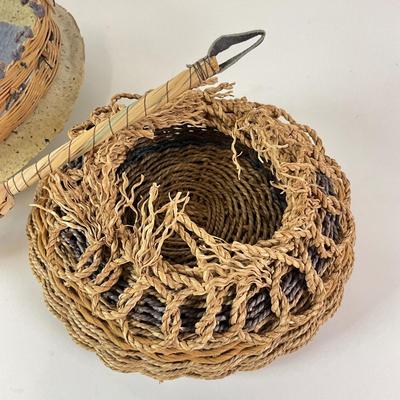Sale Photo Thumbnail #1543: Measurements:
Largest Basket is 14" in diameter, 4.5" in height "Protected Blue" basket constructed of Handmade paper, Reed, Dyed Hemp Twine, Rhododendron Roots  
Broom is 28" in length
