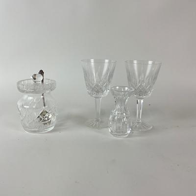 Sale Photo Thumbnail #1544: Comes with one jelly jar, 2 wine glasses, bud vase, and one Wolfenden Sterling silver spoon
Measurements:
Wine glasses are 6" in height, 3" in diameter
Jar is 4.5" in height, 3" in diameter
