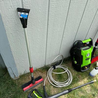 GREENWORKS PRESSURE WASHER WITH VARIOUS SCRUB BRUSHES