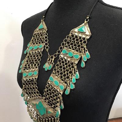 Vintage Afghan faux turquoise enamel belly dance Kuching dangly necklace
