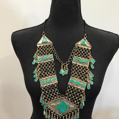 Vintage Afghan faux turquoise enamel belly dance Kuching dangly necklace