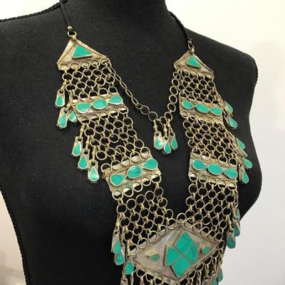 Vintage Afghan faux turquoise enamel belly dance Kuching dangly necklace