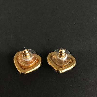 Vintage Avon red heart earrings with gold tone trim and floral design