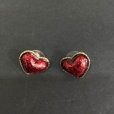 Vintage Avon red heart earrings with gold tone trim and floral design