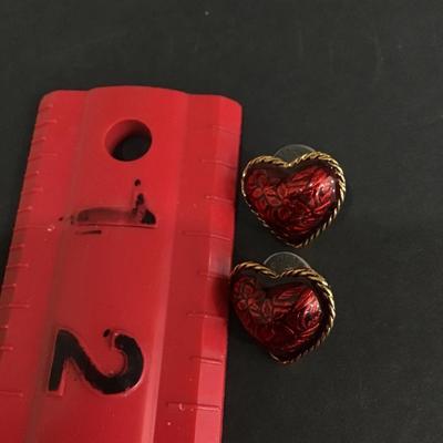Vintage Avon red heart earrings with gold tone trim and floral design