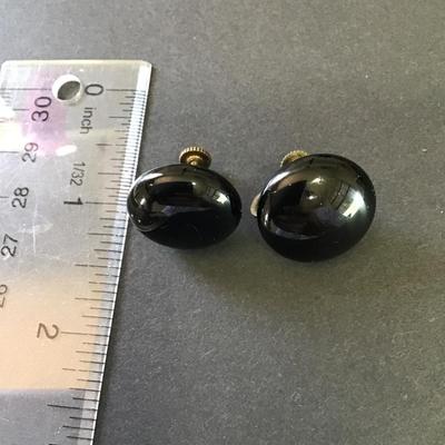 Vintage very nice black glass black onyx type screw back earrings, antique Japan