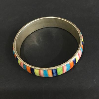 Vintage silver tone multicolored inly bangle bracelet