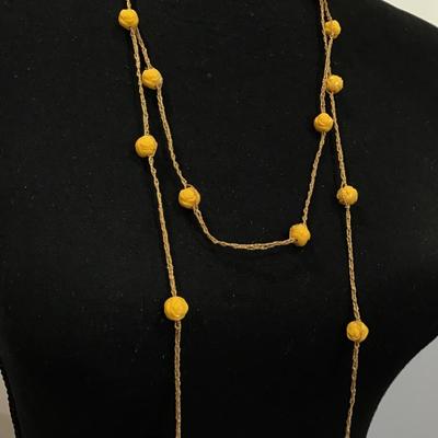 Vintage, long necklace, gold tone, yellow Lucite, flower beads