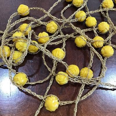 Vintage, long necklace, gold tone, yellow Lucite, flower beads