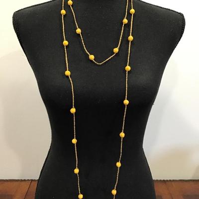 Vintage, long necklace, gold tone, yellow Lucite, flower beads