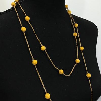 Vintage, long necklace, gold tone, yellow Lucite, flower beads
