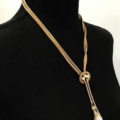 Gorgeous, vintage, gold, tone faux pearls double chin Y drop necklace