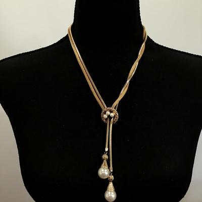 Gorgeous, vintage, gold, tone faux pearls double chin Y drop necklace