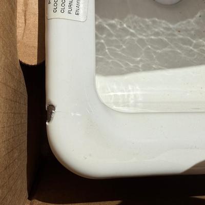 Sale Photo Thumbnail #49: This is new, but came with a minor blemish. As seen in the pictures. Overall this is a beautiful sink. It is the one chip. 
Kohler K-8679-5UA3-0
Color- white. 
Still in box.