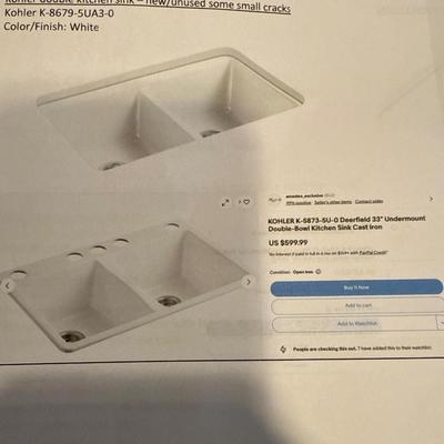 Sale Photo Thumbnail #46: This is new, but came with a minor blemish. As seen in the pictures. Overall this is a beautiful sink. It is the one chip. 
Kohler K-8679-5UA3-0
Color- white. 
Still in box.