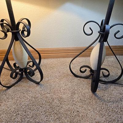 Pair of Wrought Iron Scroll Table Lamps with Fabric Shades