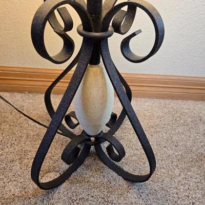 Pair of Wrought Iron Scroll Table Lamps with Fabric Shades