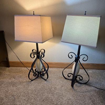 Pair of Wrought Iron Scroll Table Lamps with Fabric Shades