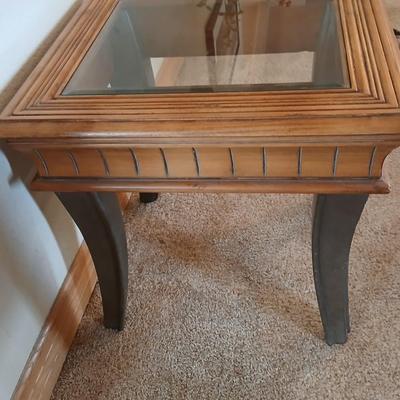 Glass-Top End Table with Carved Wood Trim