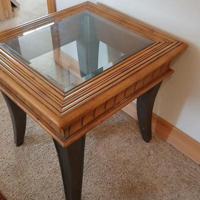 Glass-Top End Table with Carved Wood Trim