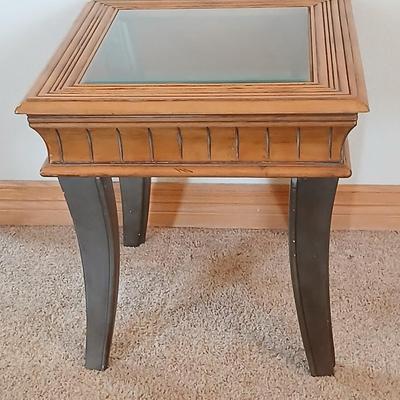 Glass-Top End Table with Carved Wood Trim