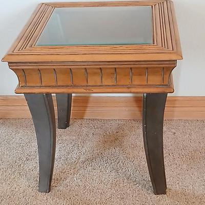 Glass-Top End Table with Carved Wood Trim