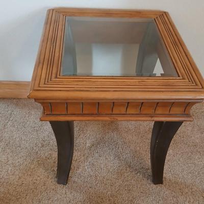 Glass-Top End Table with Carved Wood Trim