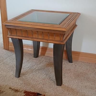 Glass-Top End Table with Carved Wood Trim
