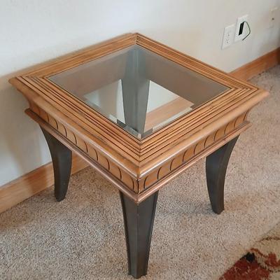 Glass-Top End Table with Carved Wood Trim