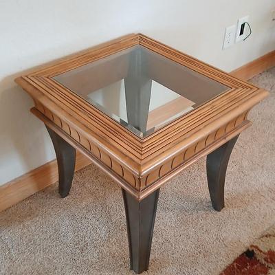 Glass-Top End Table with Carved Wood Trim