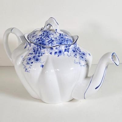 LOT 57D: Beautiful Vintage Shelley, Fine Bone China, Dainty Blue Teapot, Open Sugar Bowl, Creamer & Underplate.
