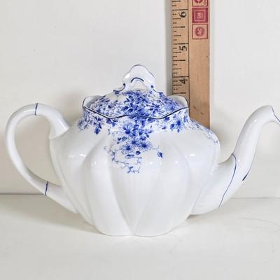 LOT 57D: Beautiful Vintage Shelley, Fine Bone China, Dainty Blue Teapot, Open Sugar Bowl, Creamer & Underplate.