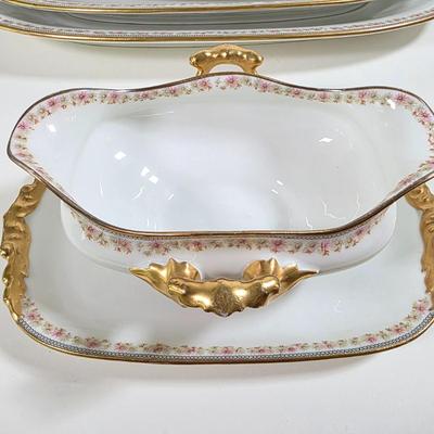 LOT 58D: Antique/Vintage Elegant Limoges China Collection, Gravy Boat W/Attached Underplate, Serving Platters & Covered Serving Dish