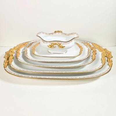 LOT 58D: Antique/Vintage Elegant Limoges China Collection, Gravy Boat W/Attached Underplate, Serving Platters & Covered Serving Dish