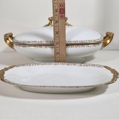 LOT 58D: Antique/Vintage Elegant Limoges China Collection, Gravy Boat W/Attached Underplate, Serving Platters & Covered Serving Dish