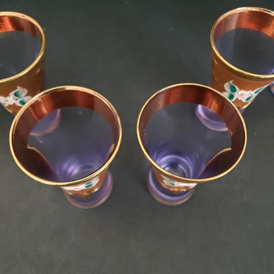 LOT 82K: Hard to find Vintage Original Venetian Murano Tre Fuochi Liqueur Set- 24K gold leaf enamelled on Lavender glass