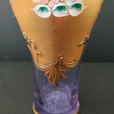 LOT 82K: Hard to find Vintage Original Venetian Murano Tre Fuochi Liqueur Set- 24K gold leaf enamelled on Lavender glass