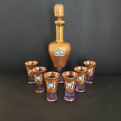 LOT 82K: Hard to find Vintage Original Venetian Murano Tre Fuochi Liqueur Set- 24K gold leaf enamelled on Lavender glass