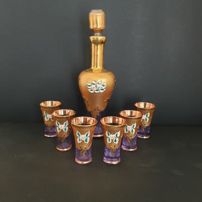 LOT 82K: Hard to find Vintage Original Venetian Murano Tre Fuochi Liqueur Set- 24K gold leaf enamelled on Lavender glass