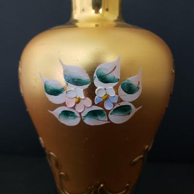 LOT 82K: Hard to find Vintage Original Venetian Murano Tre Fuochi Liqueur Set- 24K gold leaf enamelled on Lavender glass