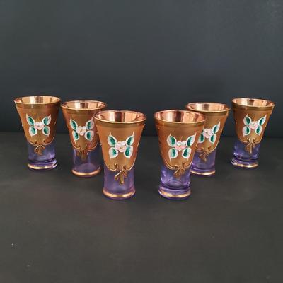 LOT 82K: Hard to find Vintage Original Venetian Murano Tre Fuochi Liqueur Set- 24K gold leaf enamelled on Lavender glass