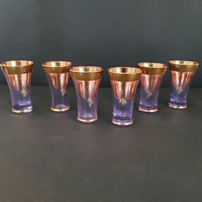 LOT 82K: Hard to find Vintage Original Venetian Murano Tre Fuochi Liqueur Set- 24K gold leaf enamelled on Lavender glass